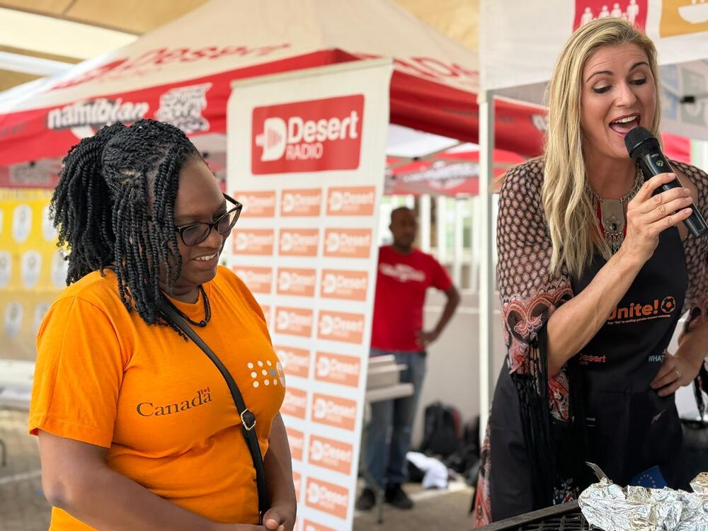 UNFPA Namibia Representative, Erika Goldson, with Miss Universe 1992, Michelle McLean, at the Men's Cooking Competition. They highlighted the importance of inclusion and breaking gender stereotypes.