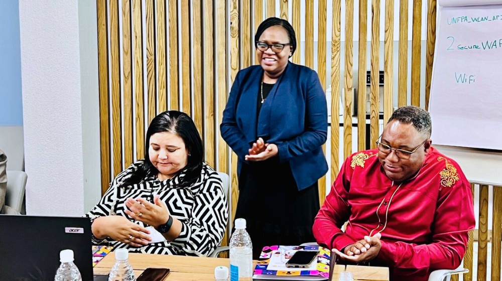 Erika Goldson, UNFPA Namibia Representative, addresses the Steering Committee during their inaugural meeting, emphasizing the importance of partnership in the fight against gender-based violence.