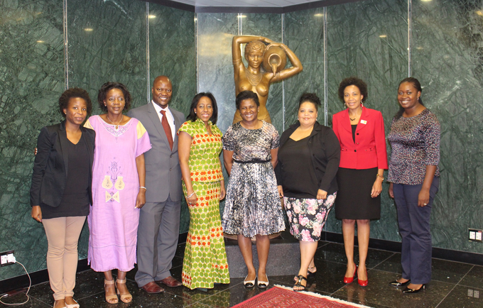 UNFPA’s delegates pose for a picture with the First Lady’s team. From left, Ms. Nancy Kalomo, Ms.Tuli-Mevava Nghiyoonanye, Mr.Israel Tjizake (UNFPA), Ms.Dennia Gayle, Madam Monica Geingos, Ms. Cathline Neels (UNFPA), Loide Amkongo (UNFPA) and Helena Kuzee.