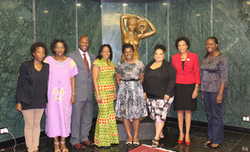 UNFPA’s delegates pose for a picture with the First Lady’s team. From left, Ms. Nancy Kalomo, Ms.Tuli-Mevava Nghiyoonanye, Mr.Israel Tjizake (UNFPA), Ms.Dennia Gayle, Madam Monica Geingos, Ms. Cathline Neels (UNFPA), Loide Amkongo (UNFPA) and Helena Kuzee.