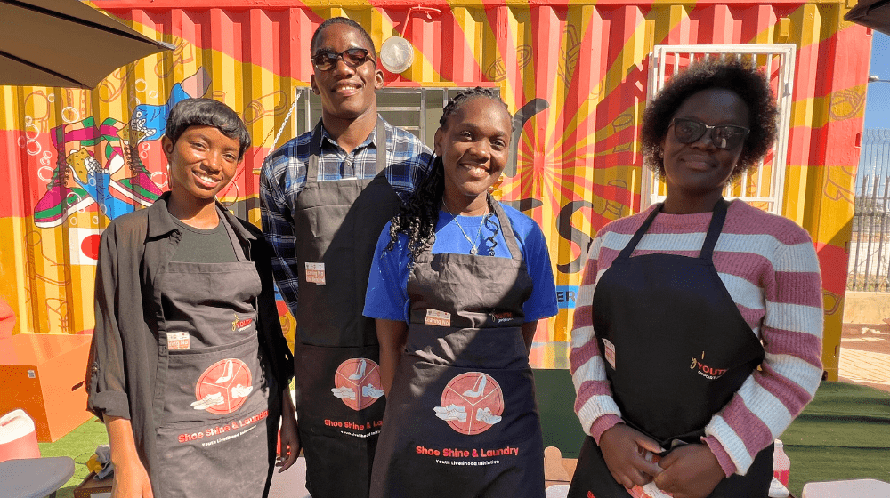 The youthful energy behind Tidy Tekkies: Fautinia Kondjeni, Jefflinu Kautondokwa, Secilia Iyambo and Olga Tobias.  ©UNFPA/Namibi