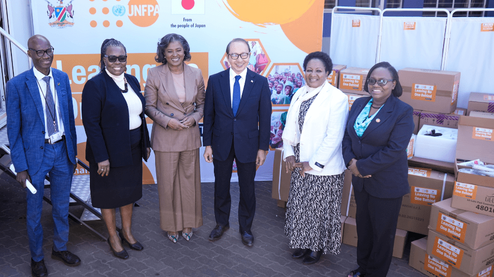 From left:Mr Jeremia Nghipundjwa, MoHSS Deputy Executive Director; Hon. Anna Nghipondoka, Minister of Education, Arts and Culture; Mrs. Monica Geingos, former First Lady of Namibia; H.E. Mr. Hisao Nishimaki; Hon. Dr. Esther Muinjangue and Ms. Erika Goldson.  Photo:UNFPA/Namibia