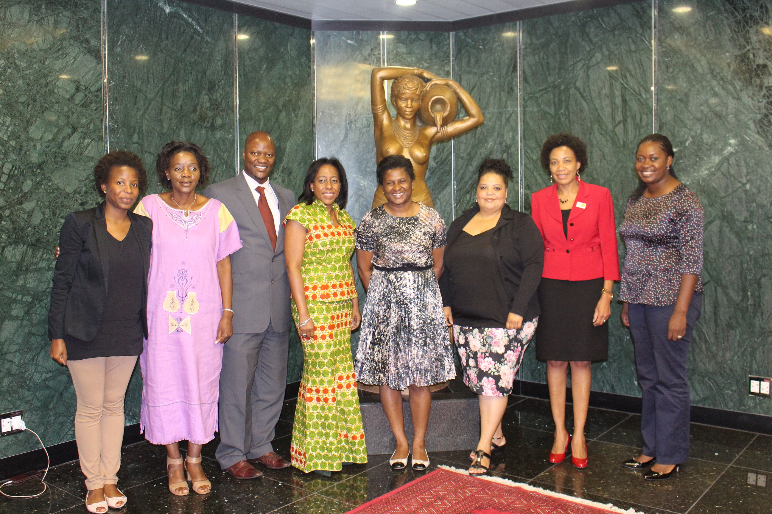 UNFPA’s delegates pose for a picture with the First Lady’s team. From left, Ms. Nancy Kalomo, Ms.Tuli-Mevava Nghiyoonanye, Mr.Israel Tjizake (UNFPA), Ms.Dennia Gayle, Madam Monica Geingos, Ms. Cathline Neels (UNFPA), Loide Amkongo (UNFPA) and Helena Kuzee.